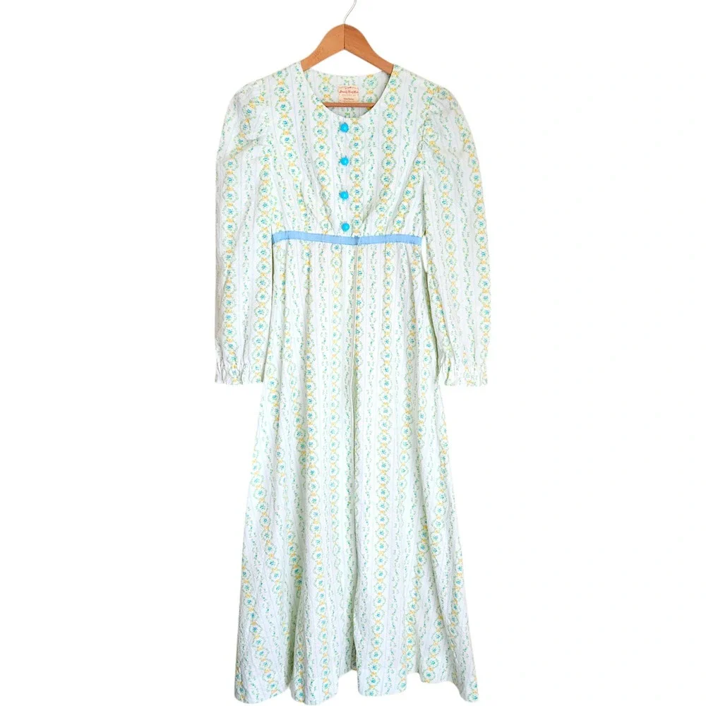 70s Vtg Handmade Maxi Prairie Dress‎ Roses Floral Seersucker cottagecore - Picture 16 of 16